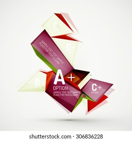 3d geometric shapes with sample text. Abstract template with place for text or infographic options. Triangles, squares, cubes, rectangles in glossy style. Vector illustration.