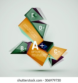3d geometric shapes with sample text. Abstract template with place for text or infographic options. Triangles, squares, cubes, rectangles in glossy style. Vector illustration.