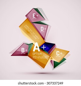 3d geometric shapes with sample text. Abstract template with place for text or infographic options. Triangles, squares, cubes, rectangles in glossy style. Vector illustration.