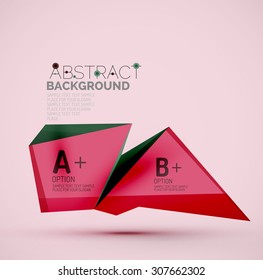 3d geometric shapes with sample text. Abstract template with place for text or infographic options. Triangles, squares, cubes, rectangles in glossy style. Vector illustration.