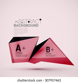 3d geometric shapes with sample text. Abstract template with place for text or infographic options. Triangles, squares, cubes, rectangles in glossy style. Vector illustration.