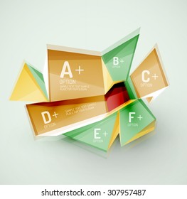 3d geometric shapes with sample text. Abstract template with place for text or infographic options. Triangles, squares, cubes, rectangles in glossy style. Vector illustration.