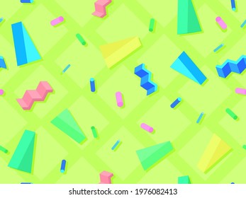 3d geometric shapes seamless pattern. Geometric pattern in 80s style with memphis elements. Background for wrapping paper, advertising materials and fabrics. Vector illustration