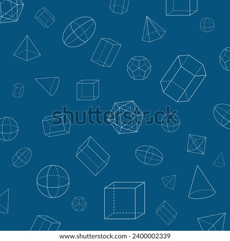 3D geometric shapes seamless pattern. Triangular, pentagonal and hexagonal prism and pyramid. Cone, cube, cuboid, cylinder, octahedron, icosahedron, dodecahedron, sphere and ellipsoid. Vector.