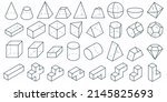 3D Geometric shapes. Set of basic figures: cube, pyramid, sphere, cylinder and other isometric objects. Collection of vector three-dimensional design for education and abstract geometric graphic.