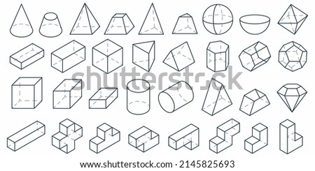 3D Geometric shapes. Set of basic figures: cube, pyramid, sphere, cylinder and other isometric objects. Collection of vector three-dimensional design for education and abstract geometric graphic.