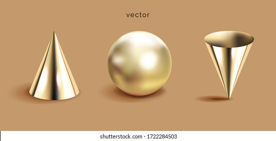 Conjuntos de formas geométricas 3D, fondo marrón. Cartel de figuras matemáticas decorativas. Conos dorados e ilustración vectorial de esfera en un estilo realista