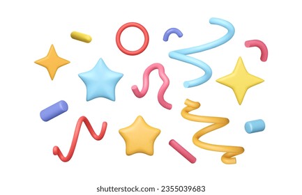 3d geometric shapes set. Stars, wavy line, circle, gradient sticks. Party decoration, color spiral, artistic plastic doodle render. Vector illustration. Memphis collection.