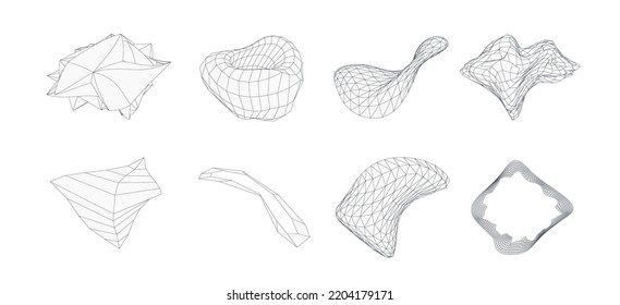 Conjunto de formas geométricas 3d. Cifras vectoriales de alambre. Objetos de línea gráfica.