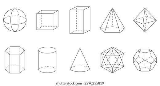 3D geometric shapes. Square, Cube, Cuboid, Pentagonal pyramid, Octahedron, Hexagonal prism, Cylinder, Cone, Icosahedron and Dodecahedron shapes. Vector illustration isolated on white background.