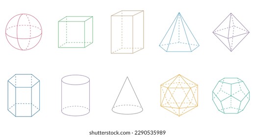 3D geometric shapes. Square, Cube, Cuboid, Pentagonal pyramid, Octahedron, Hexagonal prism, Cylinder, Cone, Icosahedron and Dodecahedron shapes. Vector illustration isolated on white background.