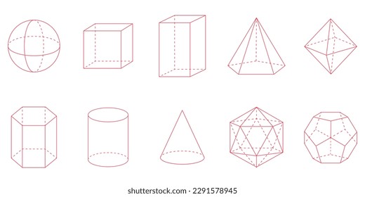 3D geometric shapes. Square, Cube, Cuboid, Pentagonal pyramid, Octahedron, Hexagonal prism, Cylinder, Cone, Icosahedron and Dodecahedron shapes. Vector illustration isolated on white background.