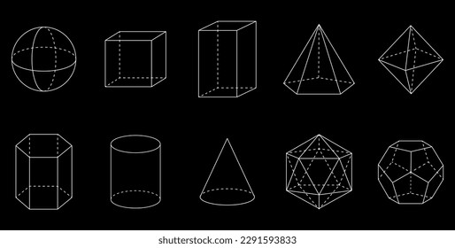 3D geometric shapes. Square, Cube, Cuboid, Pentagonal pyramid, Octahedron, Hexagonal prism, Cylinder, Cone, Icosahedron and Dodecahedron shapes. Vector illustration isolated on black background.