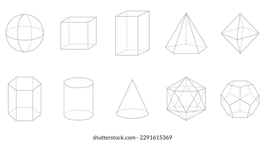 3D geometric shapes. Square, Cube, Cuboid, Pentagonal pyramid, Octahedron, Hexagonal prism, Cylinder, Cone, Icosahedron and Dodecahedron shapes. Vector illustration isolated on white background.