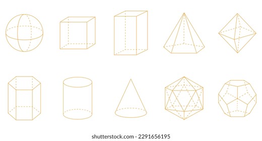 3D geometric shapes. Square, Cube, Cuboid, Pentagonal pyramid, Octahedron, Hexagonal prism, Cylinder, Cone, Icosahedron and Dodecahedron shapes. Vector illustration isolated on white background.