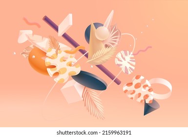 3D geometric shapes with summer tropical leaves. Realistic vector design. Abstract graphic composition.