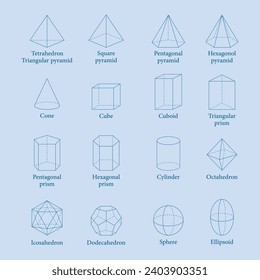 3D geometrische Formen. Dreieckige, fünfeckige und sechseckige Prismen und Pyramide. Kon, Würfel, Kupfer, Zylinder, Octahedron, Icosahedron, Dodecahedron, Kugel und Ellipsoid. Vektorgrafik.