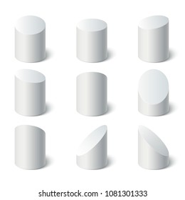  3d geometric shapes vector set. Set of white stand cylinders or podiums. Empty stand round podium isolated.