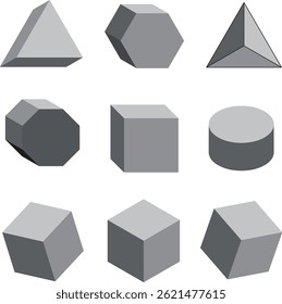 3D Geometric Shapes Vector Set – Grey White  Polygon, Cube, Cylinder, Pyramid Icons
