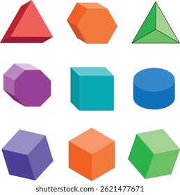 3D Geometric Shapes Vector Set – Colorful Polygon, Cube, Cylinder, Pyramid Icons

