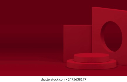 3d escaparate geométrico rojo cilindro podium pedestal para producto muestra Ilustración vectorial realista. Escenario de paso de moda con fondo de pared de agujero de marco cuadrado para la venta de compras presentación promocional