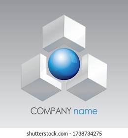 3d geometric square with glossy blue ball technology logo design