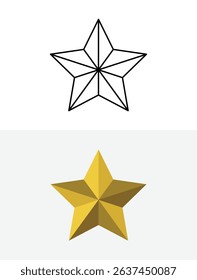 3D Geometric Star Icon – Outline and Golden Filled Version with realistic shading. digital awards, ratings, rankings, achievements. Vector illustration concept.