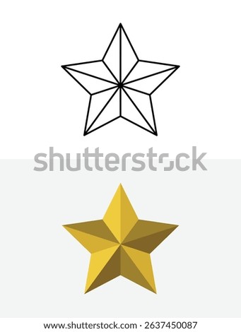 3D Geometric Star Icon – Outline and Golden Filled Version with realistic shading. digital awards, ratings, rankings, achievements. Vector illustration concept.
