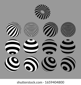 3D geometric striped rounded shape. Sphere. Illusion effect. The Ball. Black color. Stylised modern minimalistic graphic design. Decoration element. Vector EPS 10. 