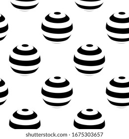 Forma redondeada geométrica a rayas en 3D. Esfera. Efecto Ilusión. La pelota. Color blanco y negro. Diseño gráfico minimalista moderno y estilizado. Elementos decorativos.Patrón sin problemas.