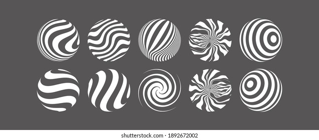 3D geometric striped rounded shape. Sphere. Abstract element for print or design. Black and white optical art. 3d vector illustration. 