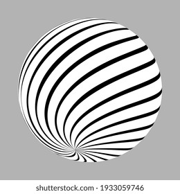 3D geometric striped rounded shape. Sphere. Illusion effect. The Ball. Black color. Stylized modern minimalistic graphic design. Decoration element. Vector EPS 10. 