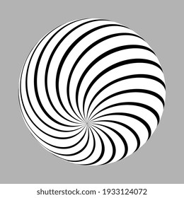 3D geometric striped rounded shape. Sphere. Illusion effect. The Ball. Black color. Stylized modern minimalistic graphic design. Decoration element. Vector EPS 10. 