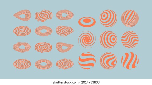 3D geometric striped rounded shape. Sphere and plates. Abstract element for print or design. Psychedelic stripes. Optical art. 3d vector illustration. 