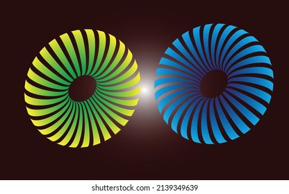 3D geometric striped rounded shape, blue green and yellow color used, Stylised modern minimalistic graphic design, the ball, vector illustration 