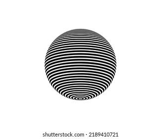 Forma redondeada geométrica a rayas en 3D. Esfera. Efecto de ilusión. La pelota. Color negro. Diseño gráfico minimalista moderno y estilizado. Elemento de decoración