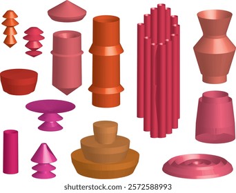 3D Geometric Structures for Architectural and Industrial Design – Modern Engineering Concepts Collection of 3D Geometric Shapes Including Vases, Cones, Cylinders, and Scientific Equipment Models