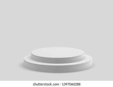 3D Geometric Studio Scene with Stage Podium Form, Empty Showroom Pedestal, Minimalistic Platform Composition. Vector Illustration/Visualization/Render of 3d Graphic Design – Vector