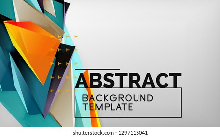 3d geometric triangular shapes abstract background, color triangles composition on grey backdrop, business or hi-tech conceptual wallpaper, vector illustration