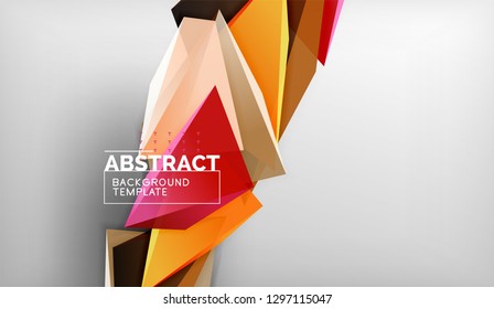 3d geometric triangular shapes abstract background, color triangles composition on grey backdrop, business or hi-tech conceptual wallpaper, vector illustration