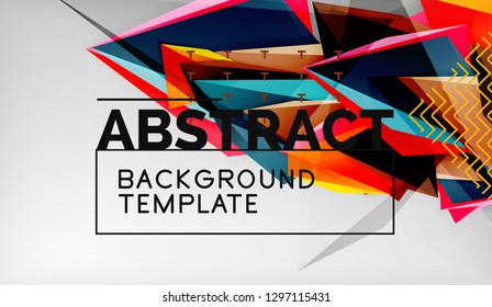 3d geometric triangular shapes abstract background, color triangles composition on grey backdrop, business or hi-tech conceptual wallpaper, vector illustration