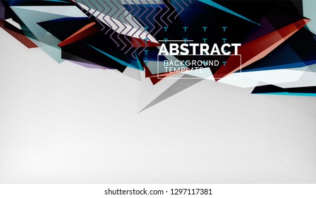 3d geometric triangular shapes abstract background, color triangles composition on grey backdrop, business or hi-tech conceptual wallpaper, vector illustration