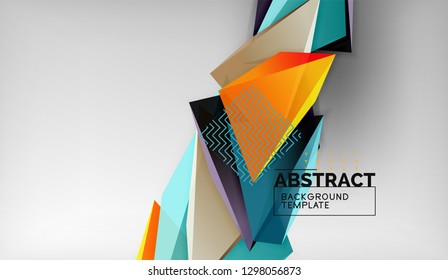 3d geometric triangular shapes abstract background, color triangles composition on grey backdrop, business or hi-tech conceptual wallpaper, vector illustration