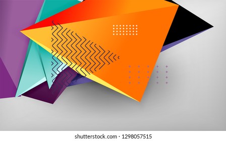 3d geometric triangular shapes abstract background, color triangles composition on grey backdrop, business or hi-tech conceptual wallpaper, vector illustration