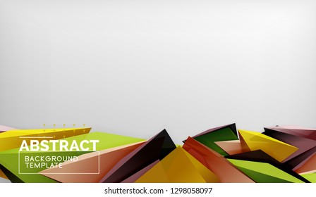 3d geometric triangular shapes abstract background, color triangles composition on grey backdrop, business or hi-tech conceptual wallpaper, vector illustration
