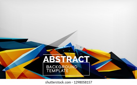 3d geometric triangular shapes abstract background, color triangles composition on grey backdrop, business or hi-tech conceptual wallpaper, vector illustration