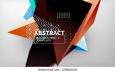 3d geometric triangular shapes abstract background, color triangles composition on grey backdrop, business or hi-tech conceptual wallpaper, vector illustration