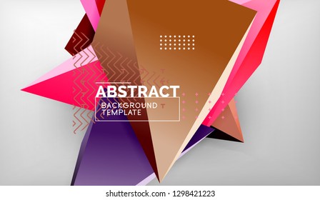 3d geometric triangular shapes abstract background, color triangles composition on grey backdrop, business or hi-tech conceptual wallpaper, vector illustration