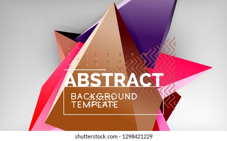 3d geometric triangular shapes abstract background, color triangles composition on grey backdrop, business or hi-tech conceptual wallpaper, vector illustration