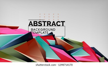 3d geometric triangular shapes abstract background, color triangles composition on grey backdrop, business or hi-tech conceptual wallpaper, vector illustration